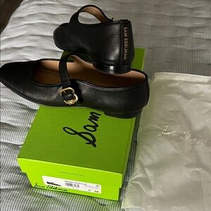 Sam Edelman Michaela Black Leather Mary-Jane Flats with Gold Buckle Detail
